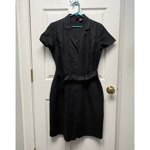 Merona Dress Lined Short Sleeve Black Linen Collar Button Up Belted Women’s L